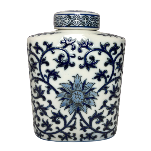 Ceramic Oval Navy Blue and White Floral Ginger Jar With Lid