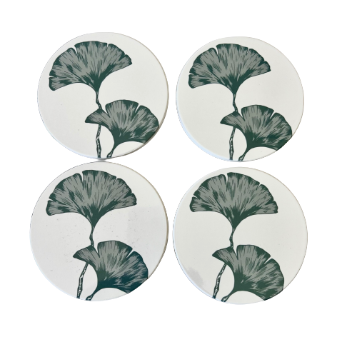 Drink Coasters Set of 4 - Dark Green Twin Ginkgoes Leaf Design