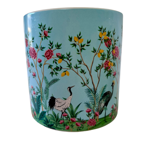 Medium Ceramic Planter Pot Modern Chinoiserie Birds & Garden Design 14cm