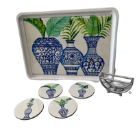 Drink Ceramic Coasters Set of 4 With Silver Bamboo Stand - Four Pot Print
