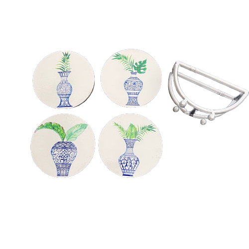 Drink Ceramic Coasters Set of 4 With Silver Bamboo Stand - Four Pot Print