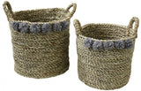 Set of Two Natural Woven Tub Baskets with Handles, and Fluffy Pom Poms
