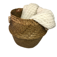 Natural Straw Belly Basket with Wooden Beaded Handles