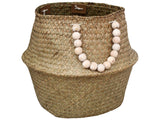 Natural Straw Belly Basket with Wooden Beaded Handles