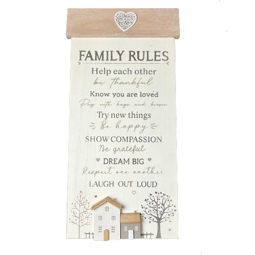 Boho Wooden 'Family Rules' Sign Plaque Wall Hanging 50cm LOVETHAT