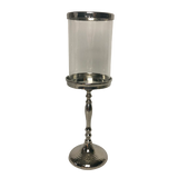 Silver Polished Hammered Candlestick Pillar Holder with Silver Rimmed Glass 36cm or 43cm