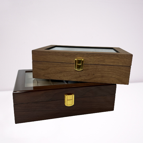 Wood Watch Bracelet Display Cases Featuring Ten Compartments Gloss Brown or Wood
