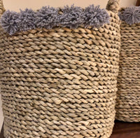 Set of Two Natural Woven Tub Baskets with Handles, and Fluffy Pom Poms