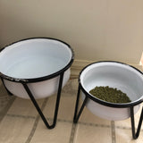 Rustic White Round Enamel Planter Pots or Pet Bowls with Stand