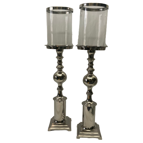 Elegant Extra Large Step Pillar Silver Polished Candlestick Holder with Silver Rimmed Glass 60cm