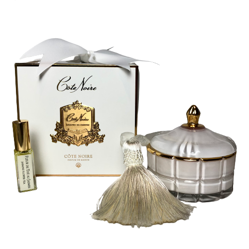 White Crystal Trinket with Gold Tip Lid Candle Filled Jasmine Flower Tea - Twin Wick 50 Hours Burn Time