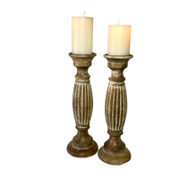 Handcrafted White-Wash Mango Wood Classic Carved Pillar Candle Holder 38cm