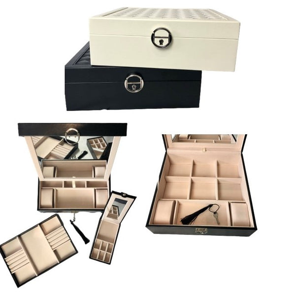 Elegant Black or Ivory Jewellery-Watch Box with Travel Case and Large Mirror