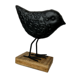 Pressed Metal Little Bird 3D Perched On Top With Timber Base - Black