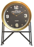 Vintage Round Gold Iron Stand Table Mantel Clock "Union Paris Hotel 35cm x 45cm