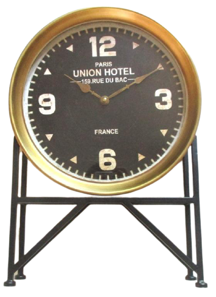 Vintage Round Gold Iron Stand Table Mantel Clock "Union Paris Hotel 35cm x 45cm