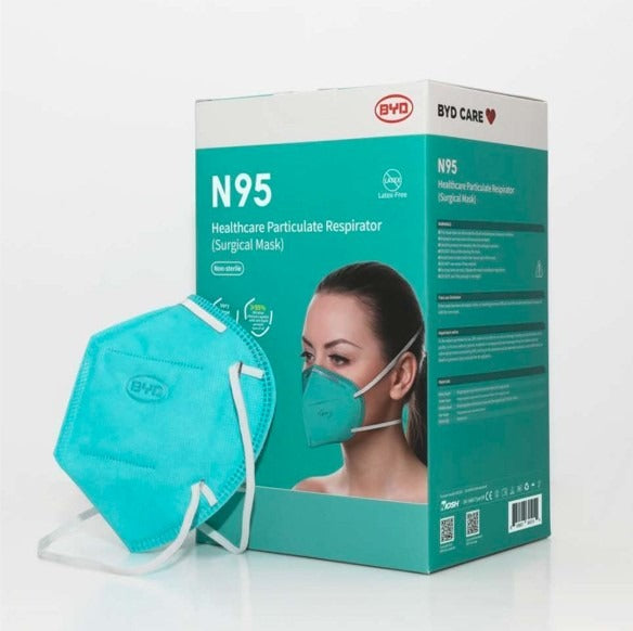 Brand BYD CARE N95 NIOSH Respirator Foldable Masks Turquoise/ Blue 25 Pack-95% Particle Filtration Efficiency