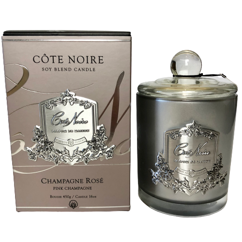 Côte Noire French Candle Pink Champagne with Silver Crest 60 or 100 Hours Burning Time