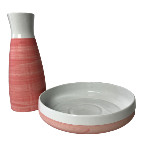 Organic Pink Glazed Clay Watercraft-Vase & Platter - Set of Two