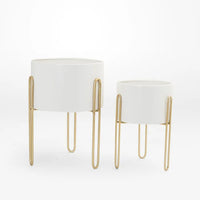 Modern White Planter Pot Round Resting On Gold Stand - Set of Two