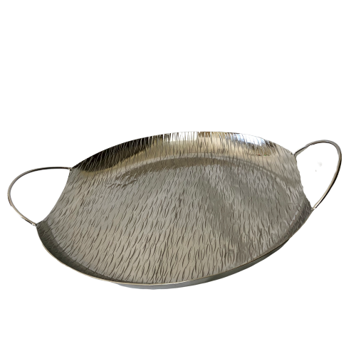 Round Silver Ribbed Service Tray With Handles 54cm