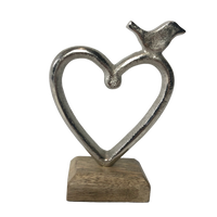 Silver Heart With A Small Bird Perched On Top With Timber Base