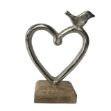 Silver Heart With A Small Bird Perched On Top With Timber Base