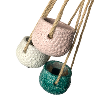 Rustic Cream Clay Hanging Planter Pot with Jute Rope Small