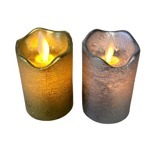 Gold or Silver Real Wax Flickering Flameless Pillar Candle Small 8cm