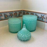 Turquoise-Green Round Crystal Glass Trinket Jars - Variety of Designs and Sizes