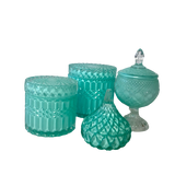 Turquoise-Green Round Crystal Glass Trinket Jars - Variety of Designs and Sizes