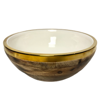 Stunning Natural Wood with Brass Gold Rim With Enamel Inner Bowl 21cm