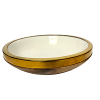 Stunning Natural Wood with Brass Gold Rim With Enamel Inner Bowl 21cm