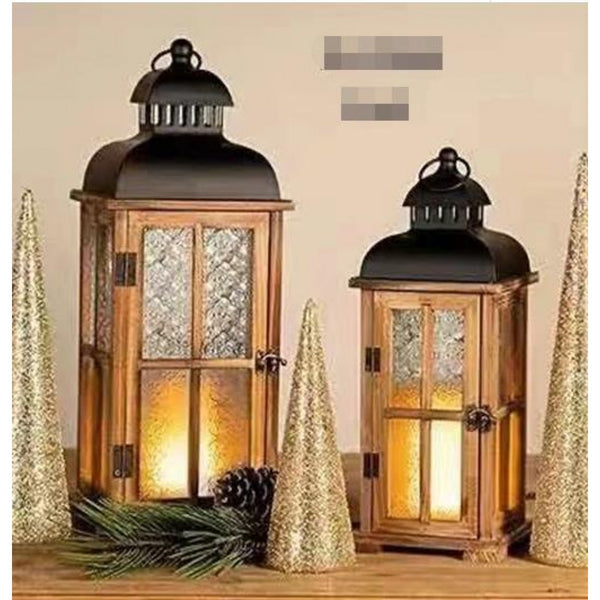 Traditional Heritage Rustic Wooden Glass Candle Floor Mantel Hurricane-Lanterns With Handle