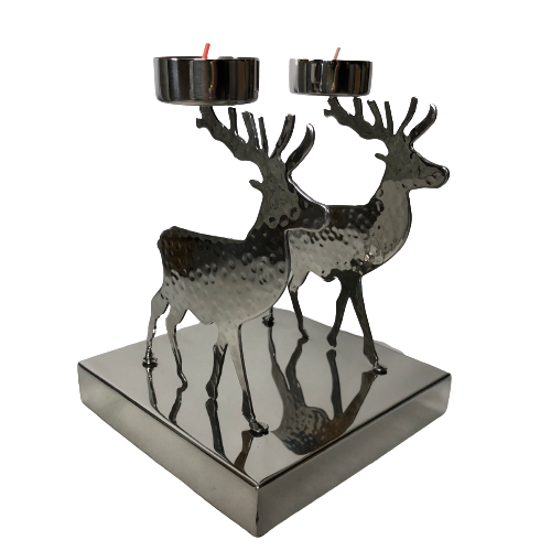 Contemporary Polished Silver Reindeer Double Tea-Light Holder