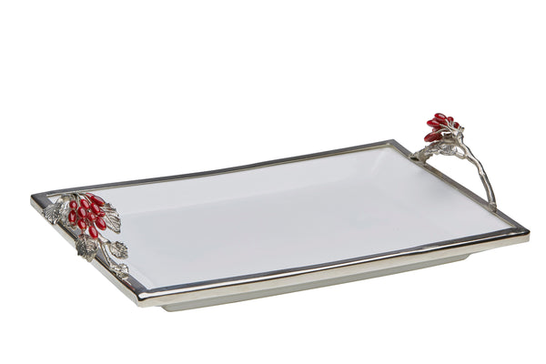 Elegant Classic White & Silver Rectangular Serving Platter with Holly Leaf & Red Berries Handles