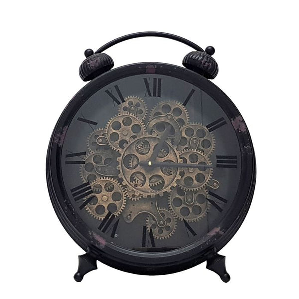 38cm Black Replica Alarm Mantel Round Exposed Gear Movement Clock with Feet